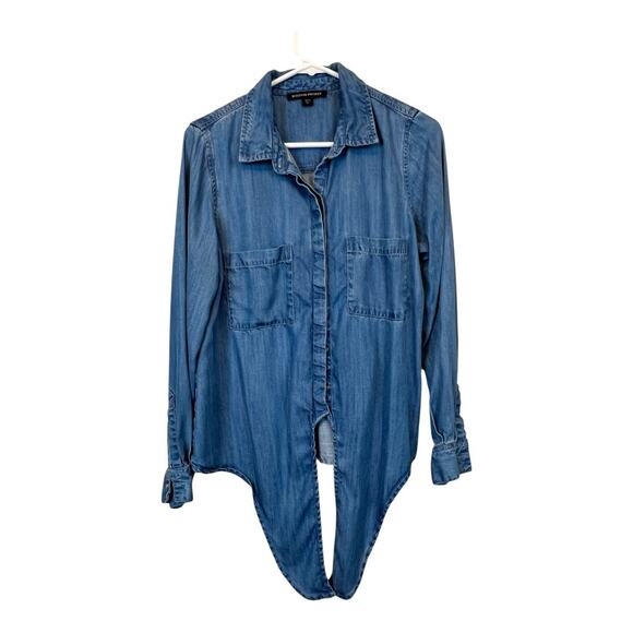 Boston Proper Blouse Shirt Top Blue Chambray Tie Front Casual Small Soft Comfy - Picture 1 of 6